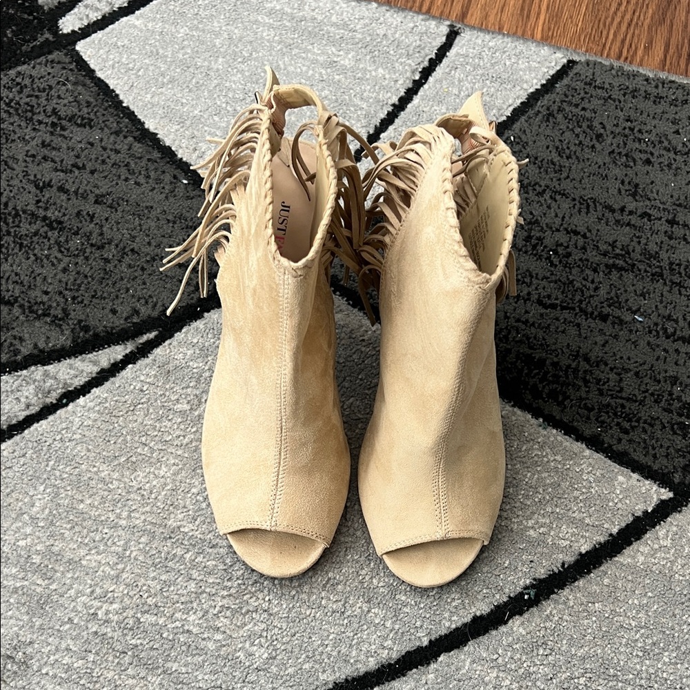 JustFab Cream Fringe Peep Toe Booties